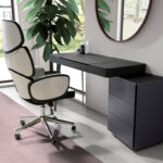 Office swivel chair light grey fabric and glossy white pvc