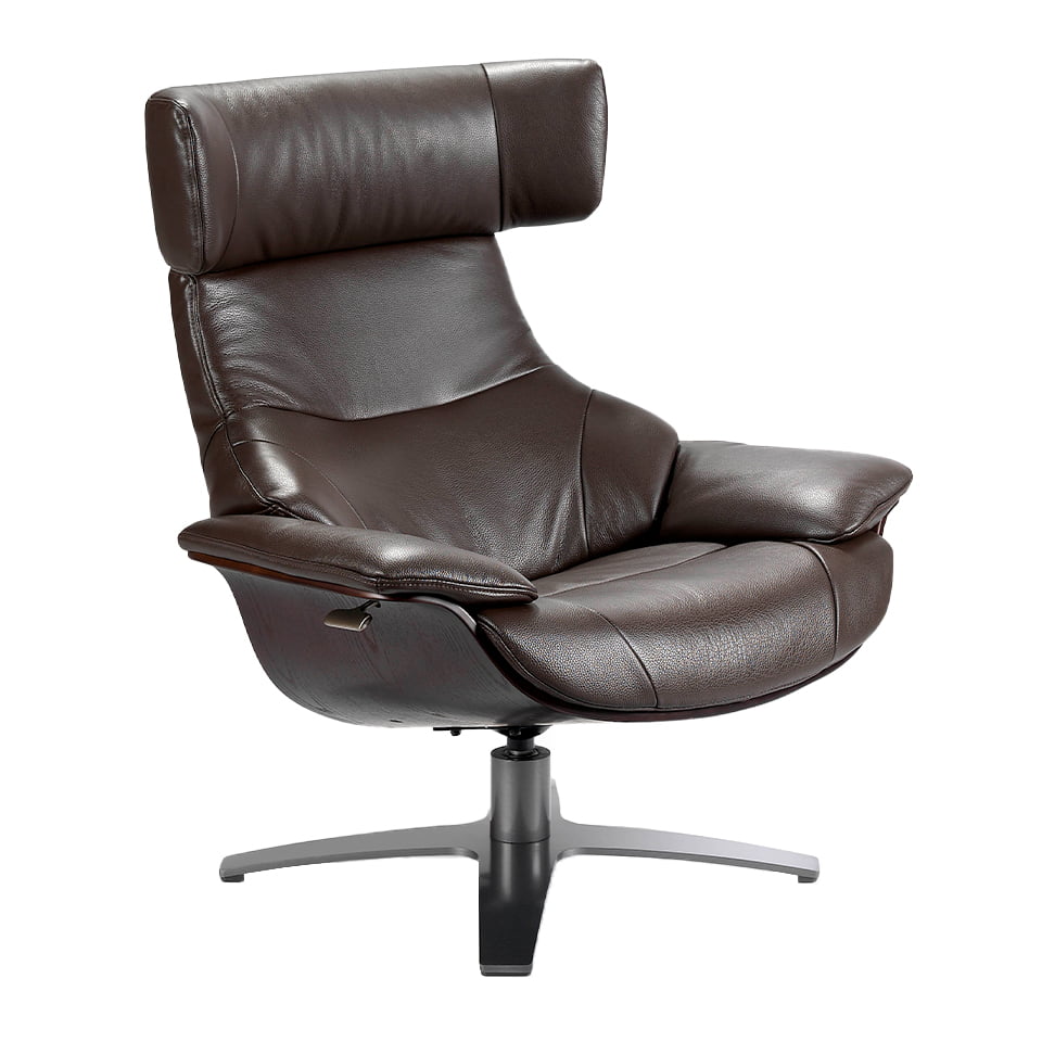 Swivel armchair upholstered in leather with relax mechanism