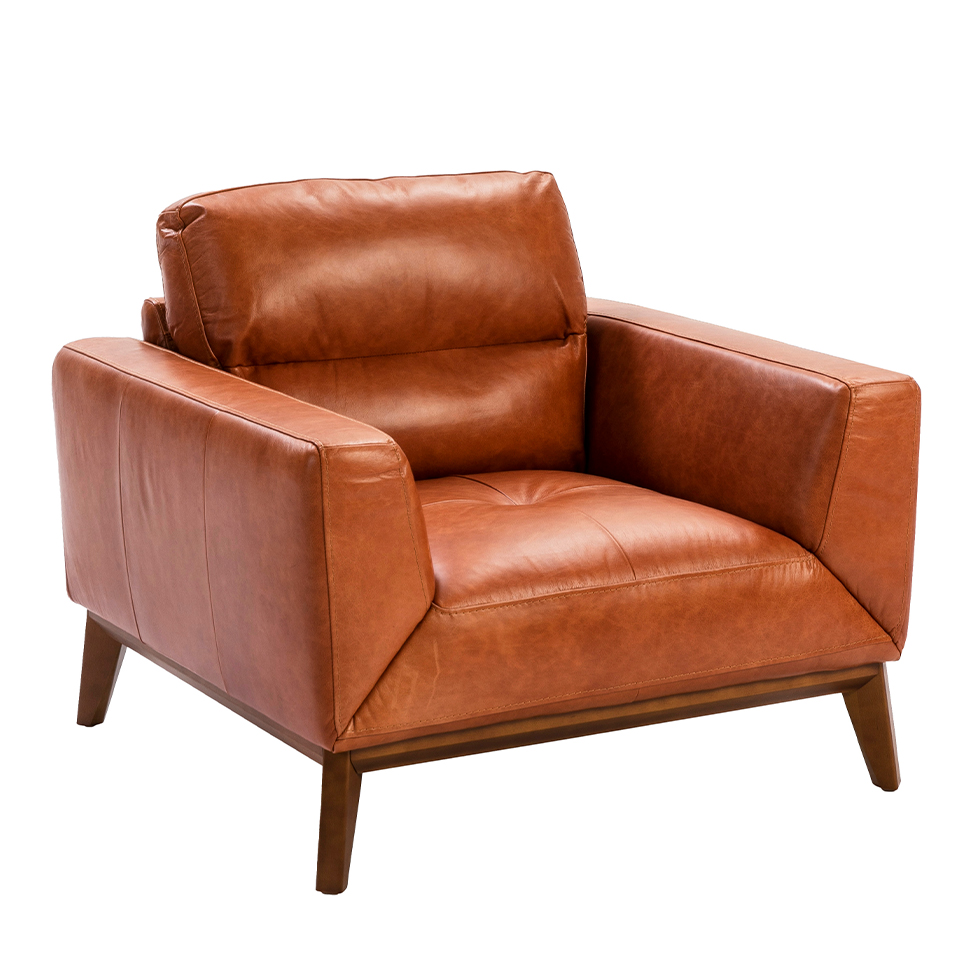 Armchair upholstered in leather and Walnut wood legs