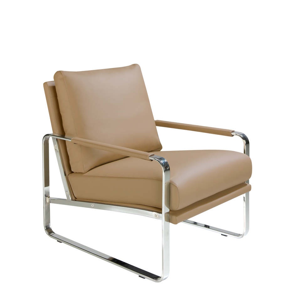 Armchair upholstered in leatherette and chrome steel legs