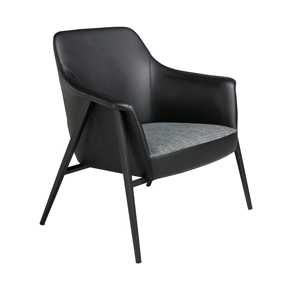 Кресло из мягкой ткани и экокожи с черной стальной конструкцией