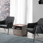 Upholstered fabric and eco-leather armchair with black steel structure