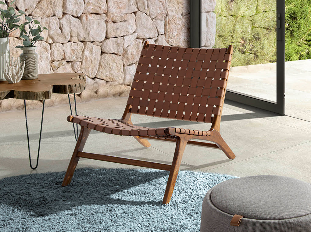 Solid teak wood armchair with natural color leather framework Solid teak wood armchair with natural color leather framework