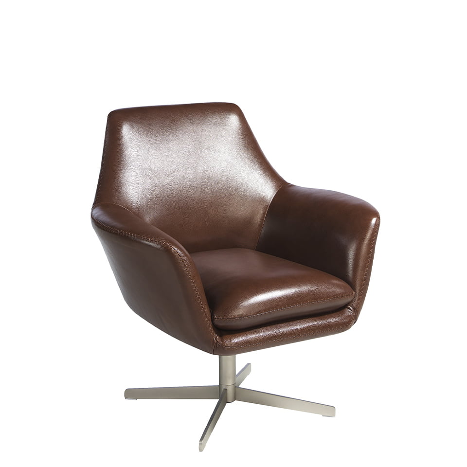 Swivel armchair upholstered in leather and polished steel structure.