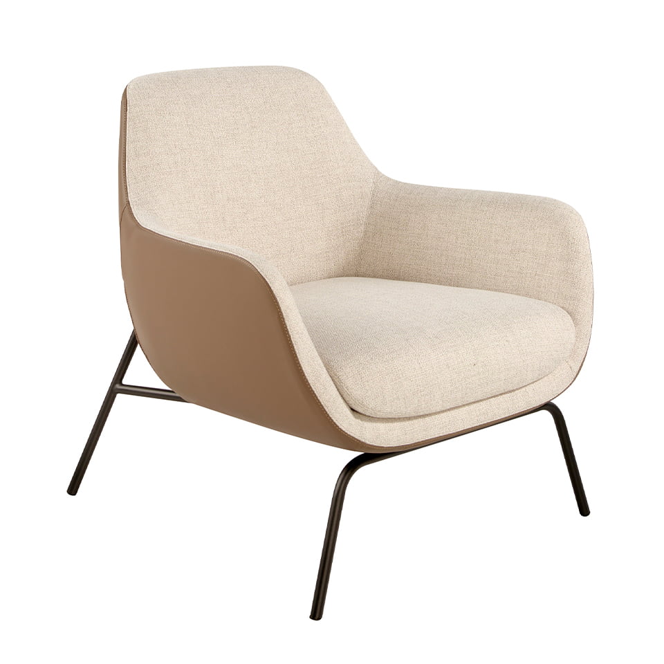 Fabric and eco-leather upholstered armchair with black steel legs