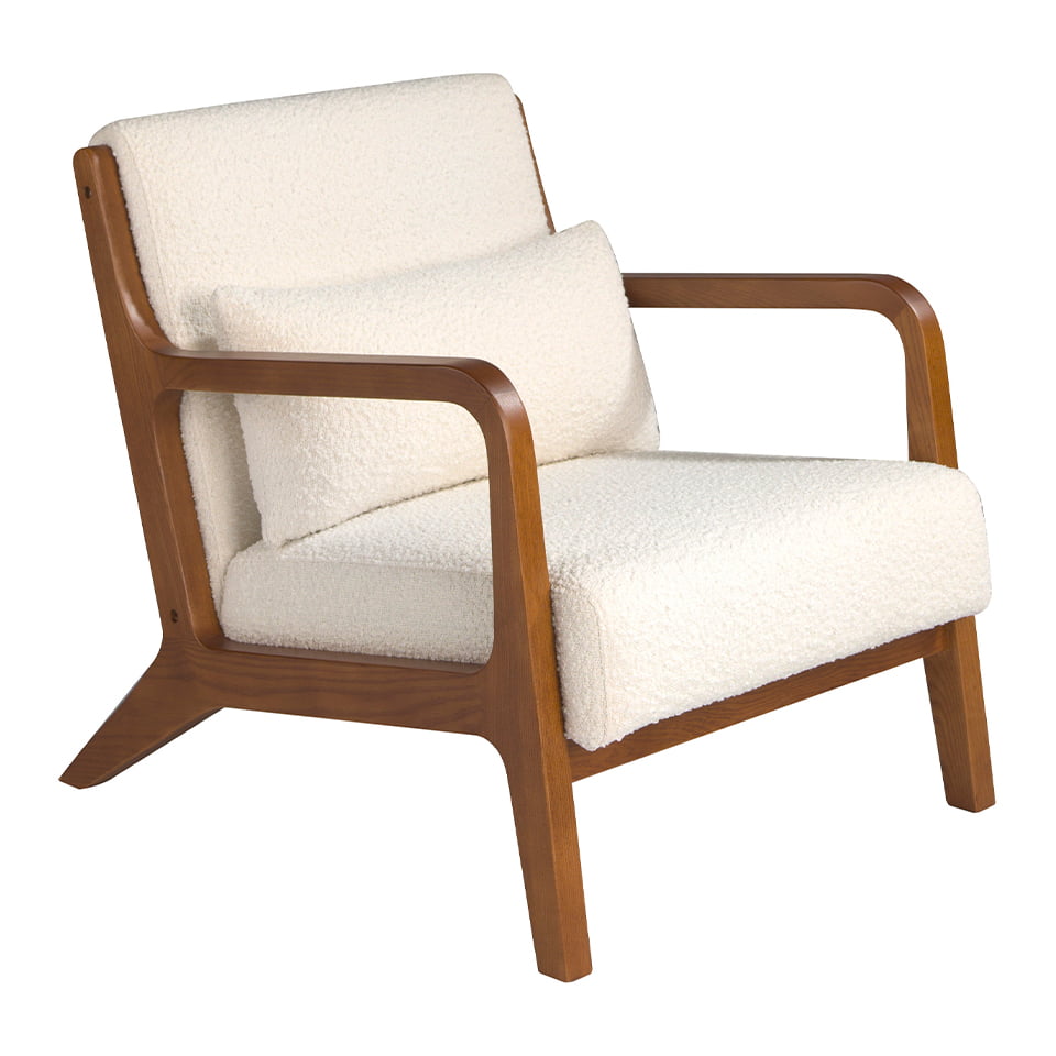 Мягкое кресло из ткани и деревянной конструкции цвета ореха.