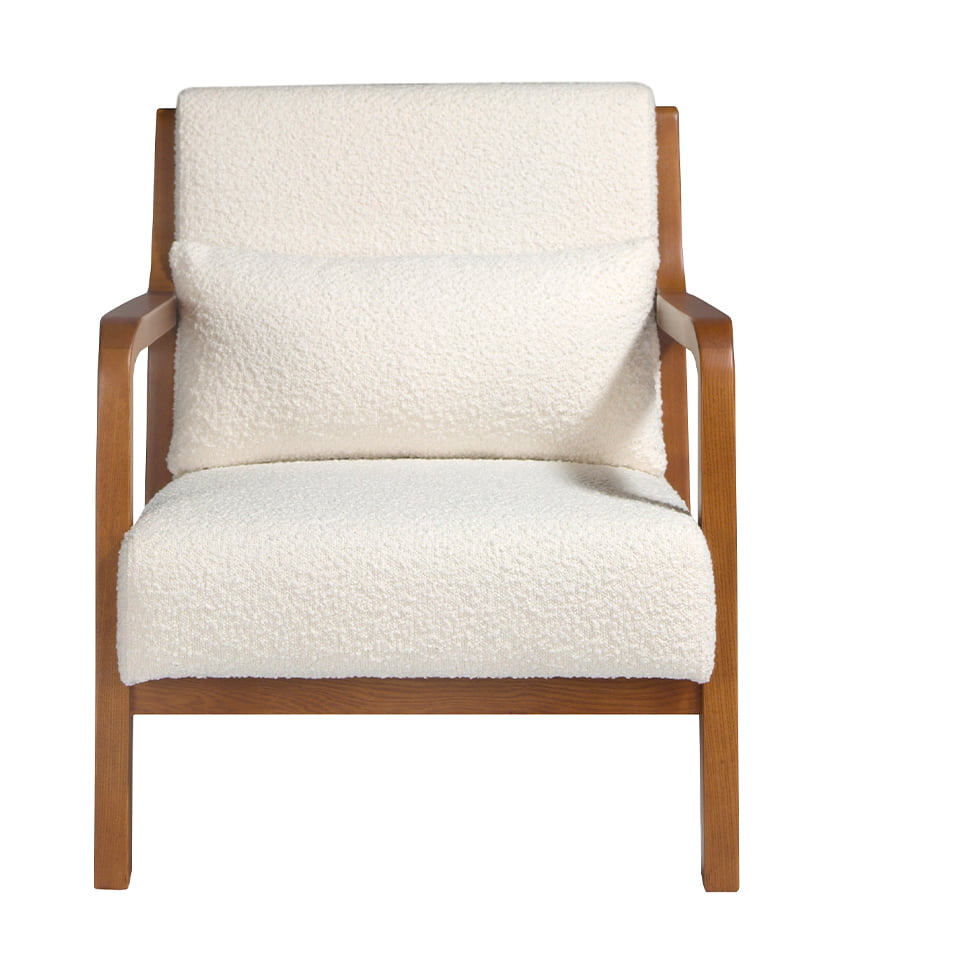 Armchair upholstered in fabric and walnut-coloured wooden structure.