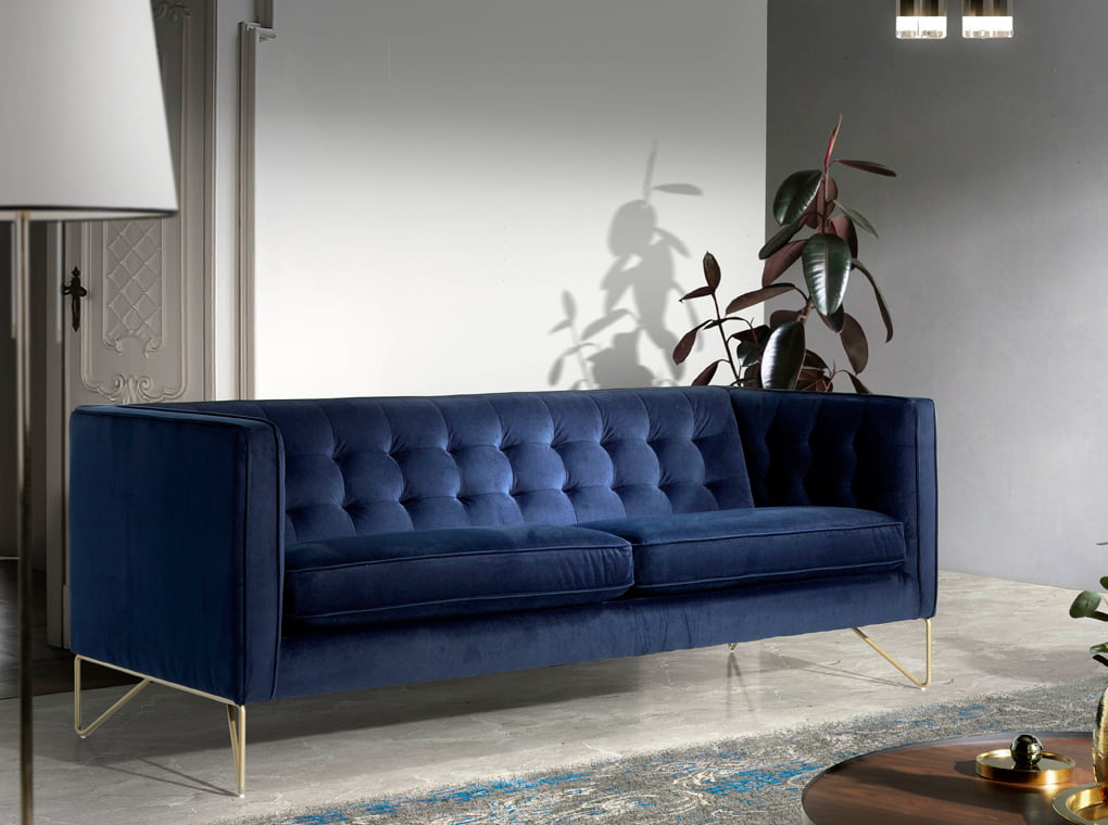 3-seater sofa upholstered in velvet with golden steel legs 3-seater sofa upholstered in velvet with golden steel legs