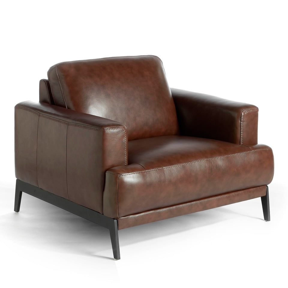 Upholstered leather armchair with steel legs painted in black Upholstered leather armchair with steel legs painted in black