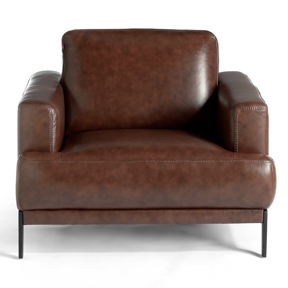 Upholstered leather armchair with steel legs painted in black Upholstered leather armchair with steel legs painted in black