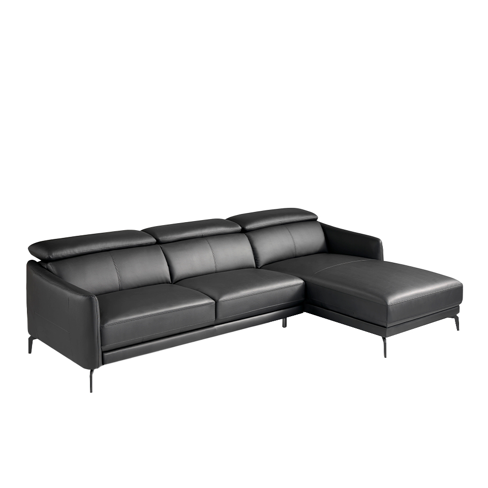 Divano chaise longue rivestito in pelle e gambe in acciaio nero