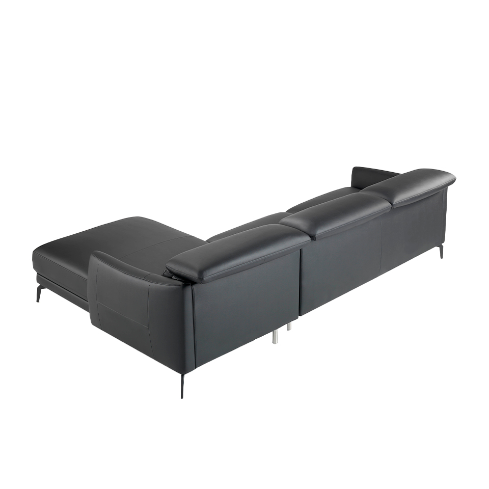 Chaise longue sofa upholstered in leather and black steel legs