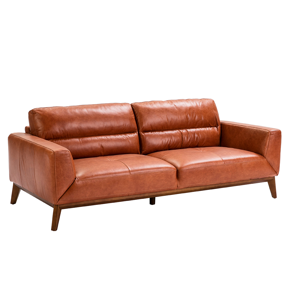 3-Sitzer-Sofa mit Lederbezug und Beinen aus Walnussholz