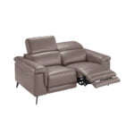 2 seater sofa upholstered in mink coloured cow leather and black steel legs.