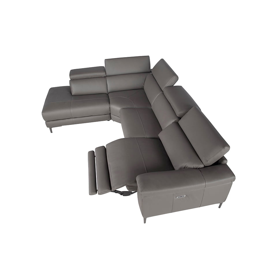 Leather upholstered corner sofa with relaxation mechanism