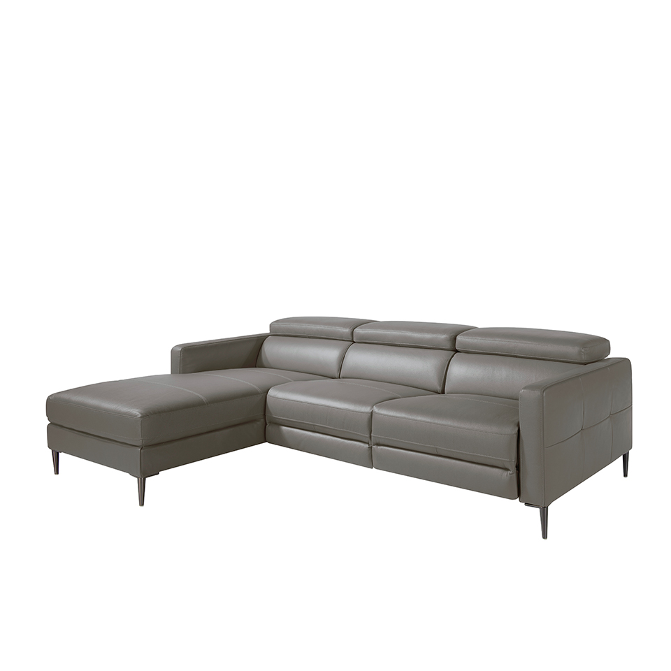 Chaise longue sofa upholstered in leather with electric relax mechanism