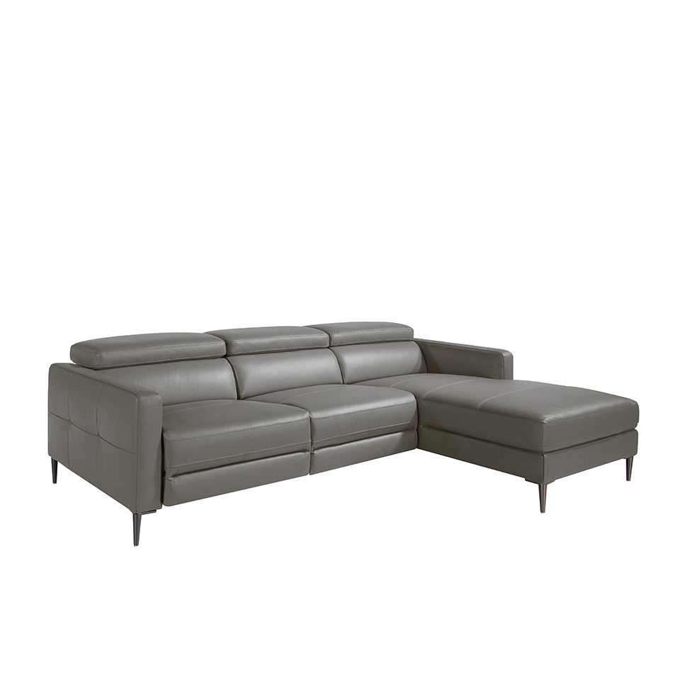 Chaise longue sofa upholstered in leather with electric relax mechanism