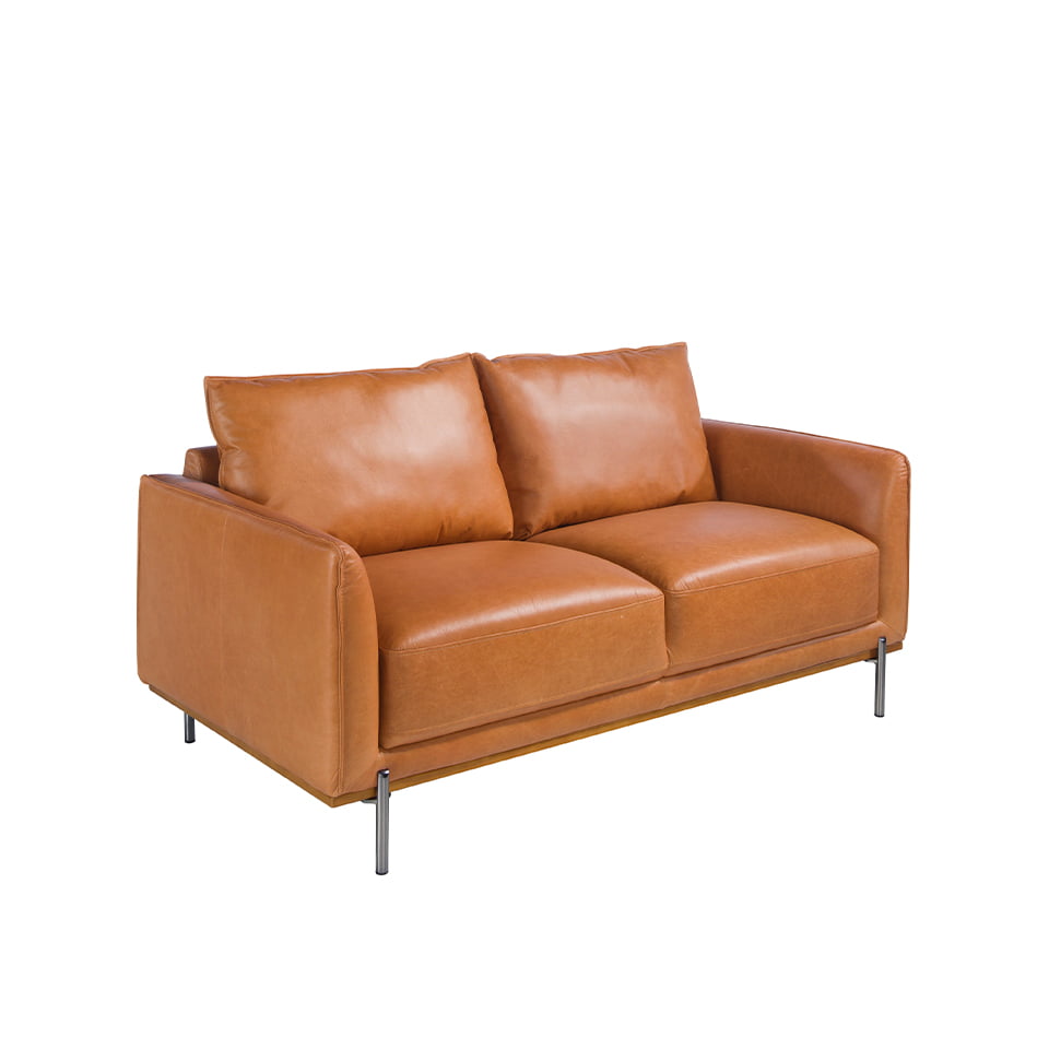 2 seater sofa upholstered in leather with darkened steel legs