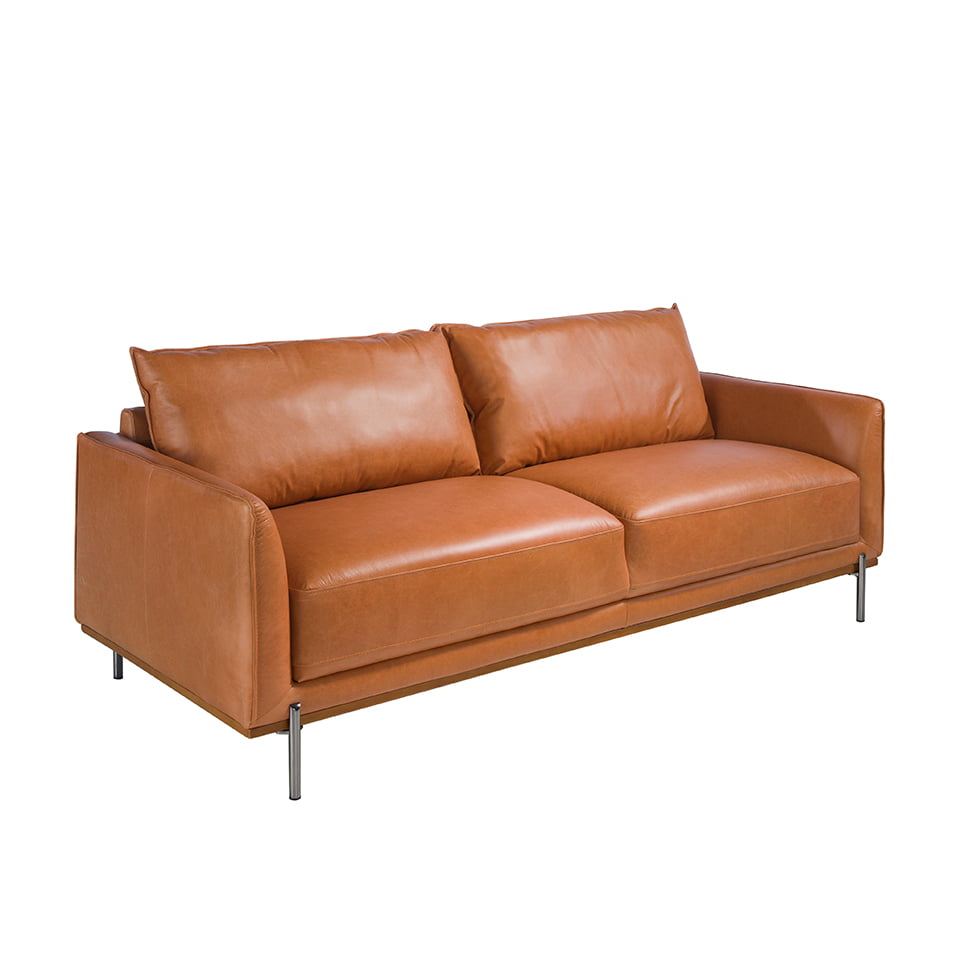 3 seater sofa upholstered in buffalo brown cowhide leather with base in steamed beech wood. Leg structure in solid darkened steel.