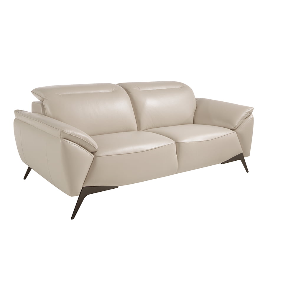 2 seater sofa upholstered in taupe grey leather with black steel legs