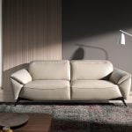 3 seater sofa upholstered in taupe grey leather and black steel legs