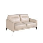 2 seater sofa upholstered in taupe grey leather and black steel legs