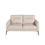 2 seater sofa upholstered in taupe grey leather and black steel legs