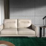 2 seater sofa upholstered in taupe grey leather and black steel legs