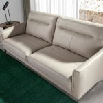 2 seater sofa upholstered in taupe grey leather and black steel legs