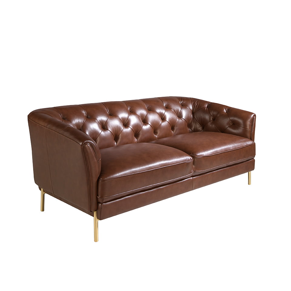 2 seater sofa upholstered in leather with golden polished steel legs