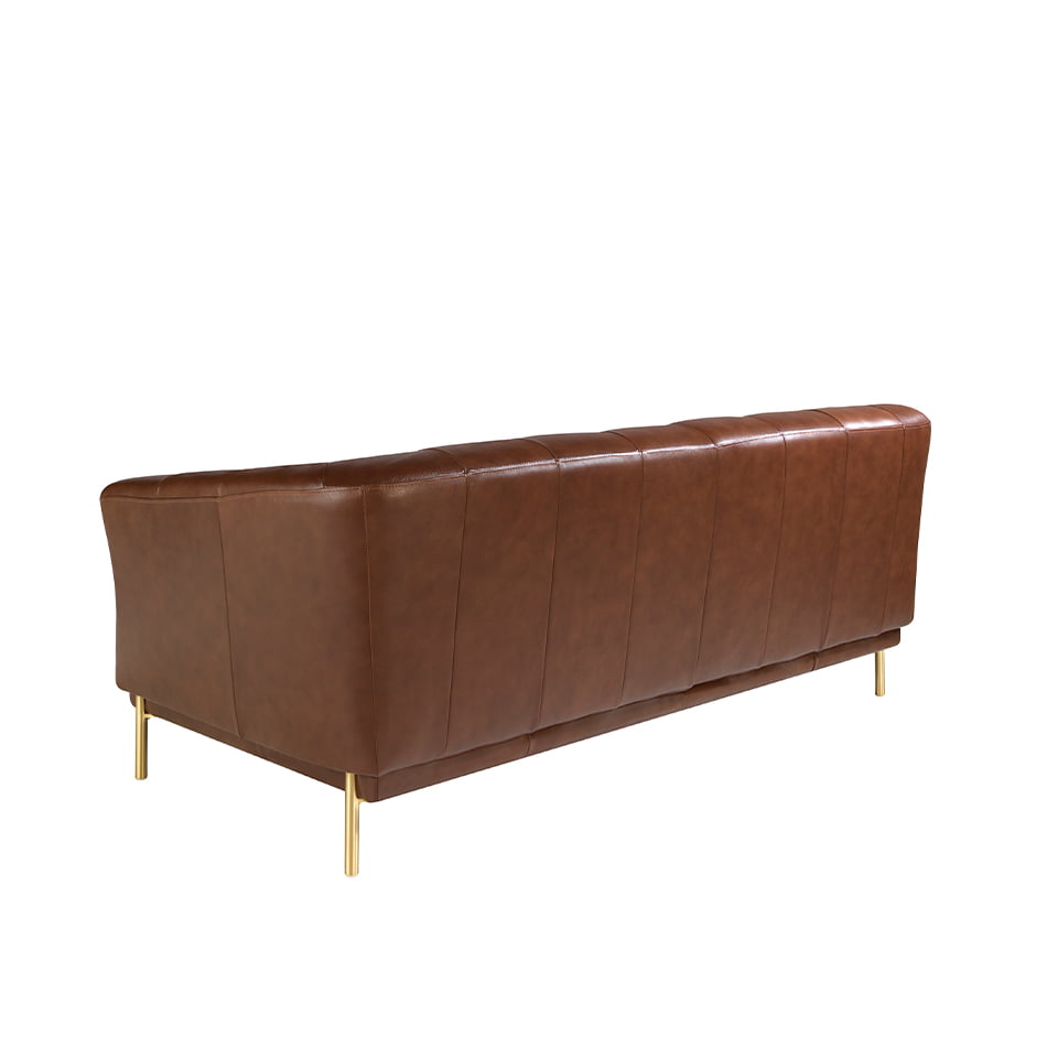 2 seater sofa upholstered in leather with golden polished steel legs