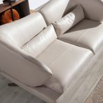2 seater sofa upholstered in leather and decorative cushions