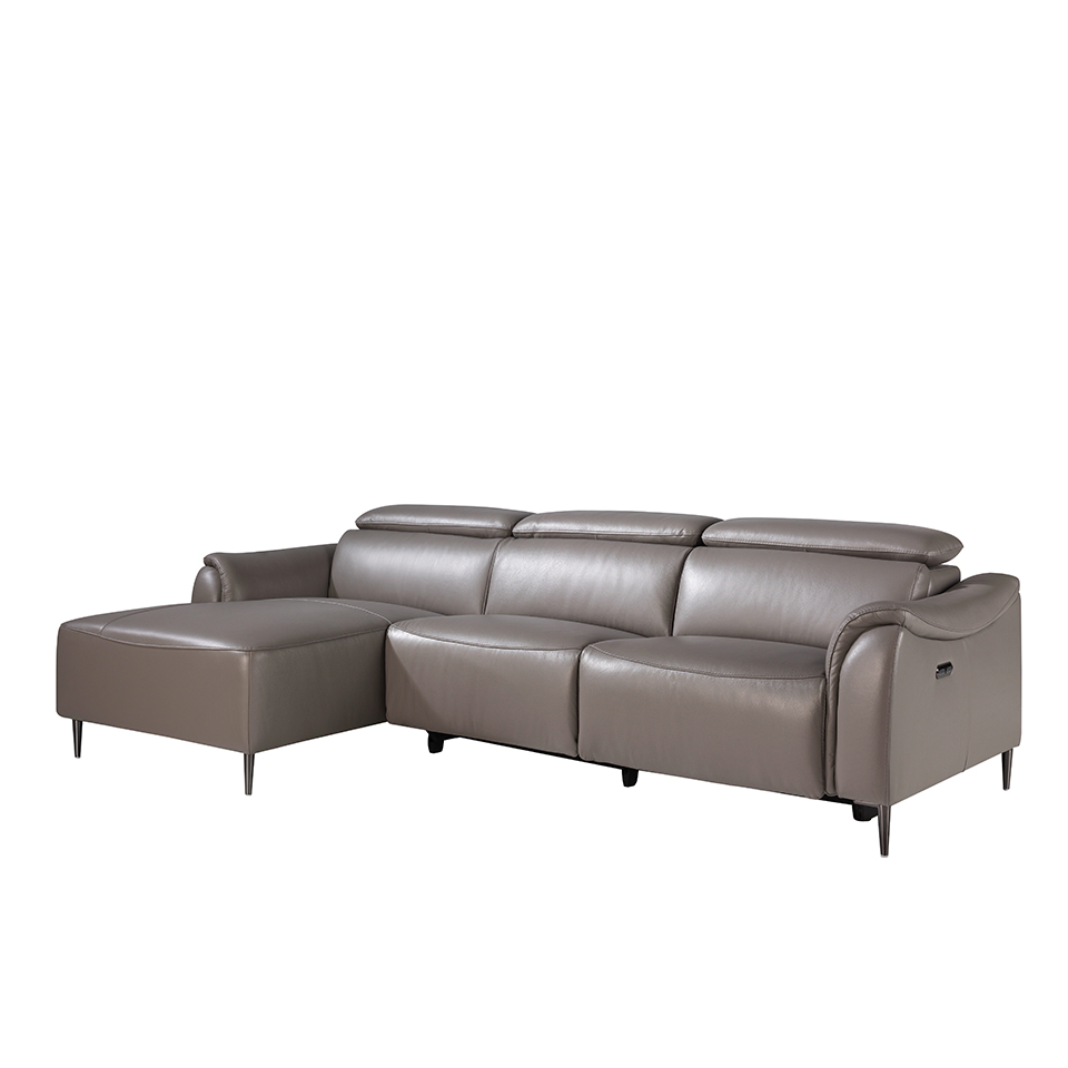 Chaise longue sofa upholstered in leather with electric relax mechanism