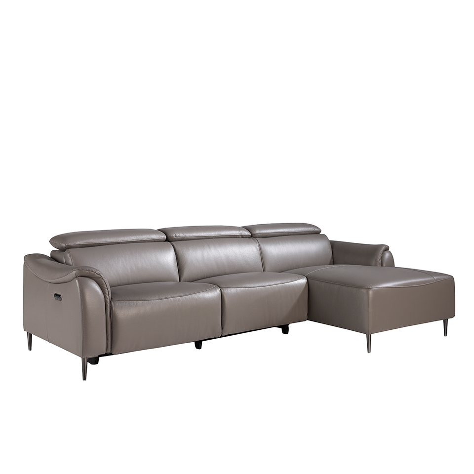 Chaise longue sofa upholstered in leather with electric relax mechanism