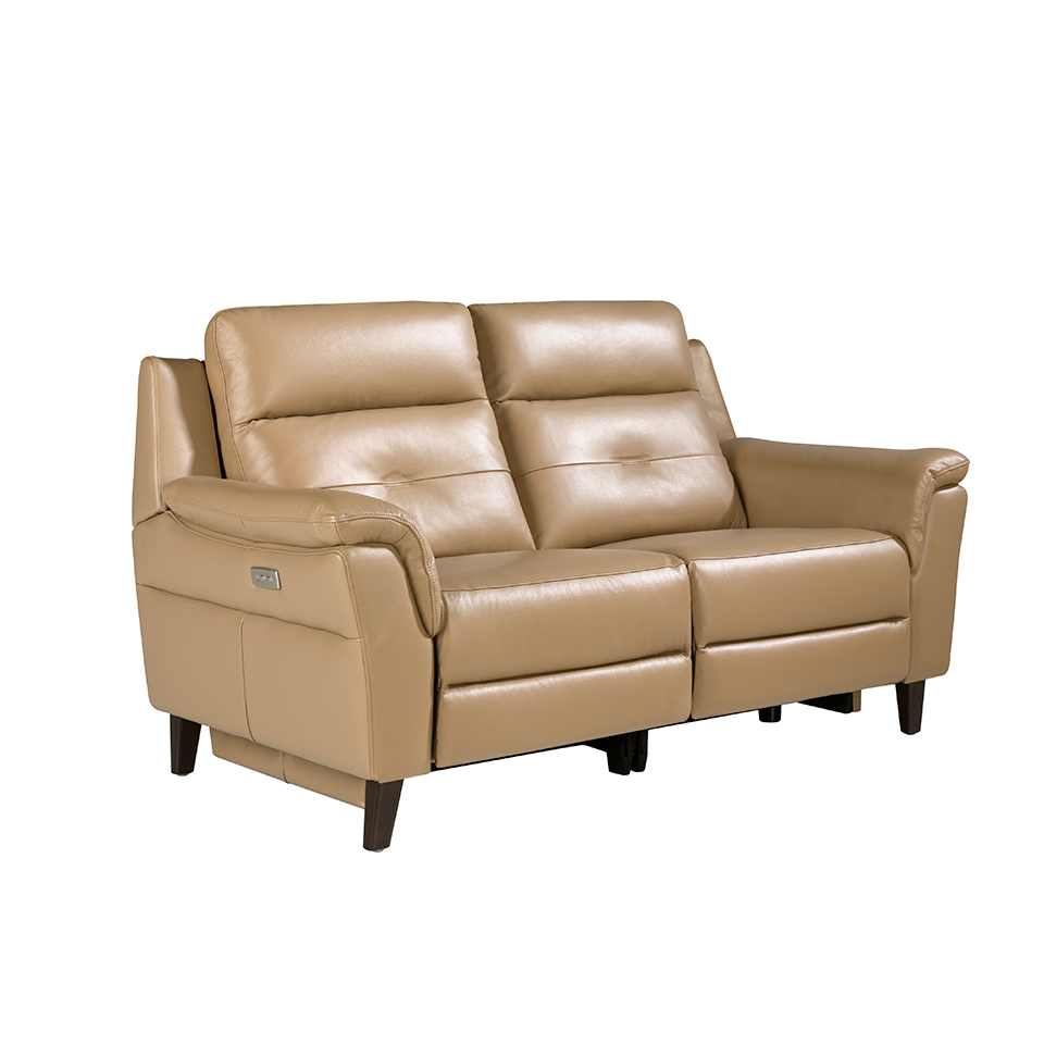 2 seater sofa upholstered in sand leather with relax mechanism