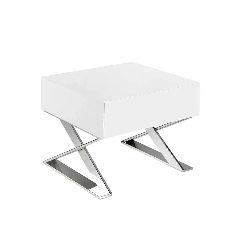 White wooden bedside table and chrome steel