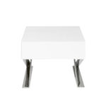 White wooden bedside table and chrome steel