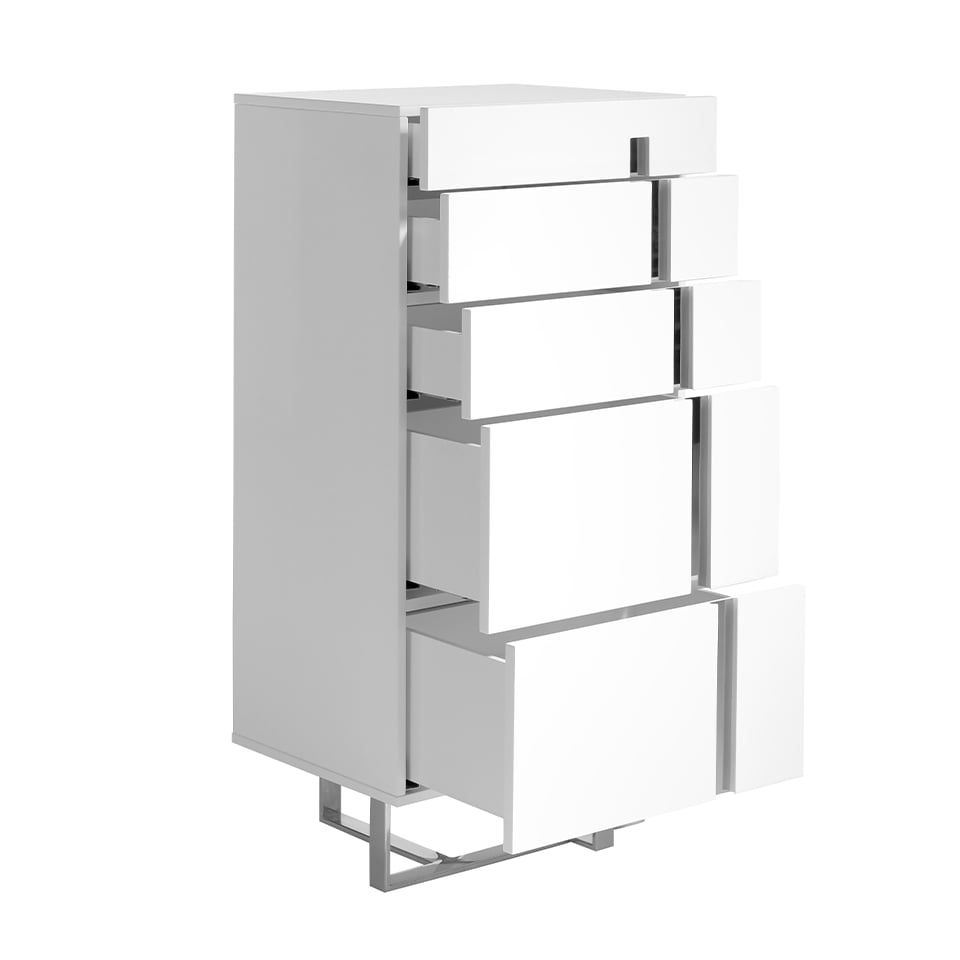 White wooden chiffonier and chrome steel