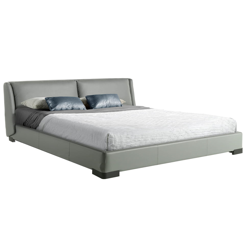 Bed upholstered in leatherette and dark steel legs