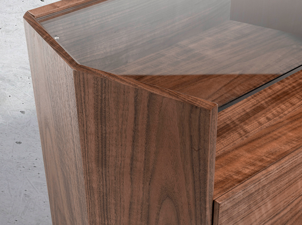 Hexagonal nightstand in walnut wood and tempered glass