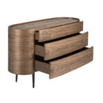 Oval chest of drawers in walnut coloured wood and black steel legs