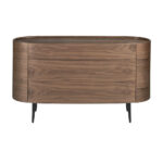 Oval chest of drawers in walnut coloured wood and black steel legs