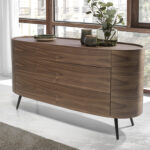 Oval chest of drawers in walnut coloured wood and black steel legs