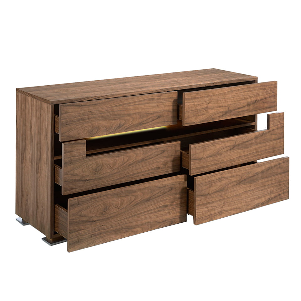 Walnut wood chest of drawers with interior led lighting