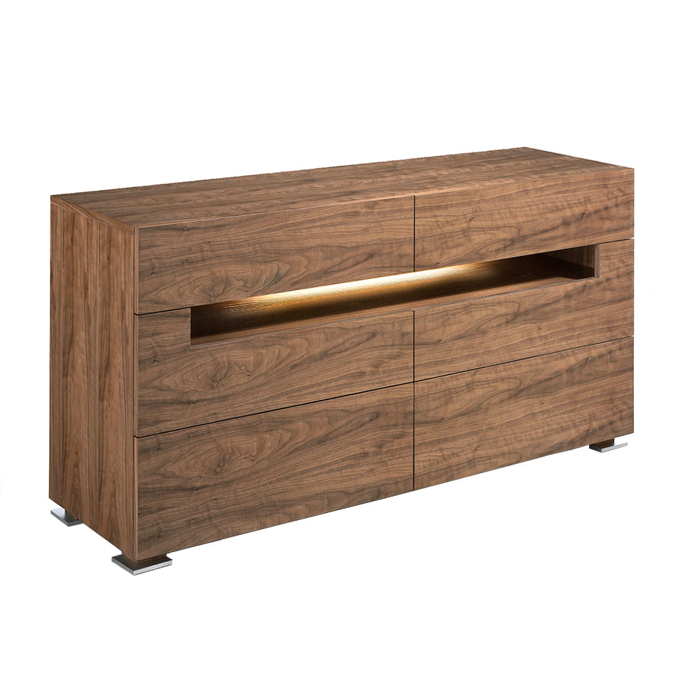 Walnut wood chest of drawers with interior led lighting