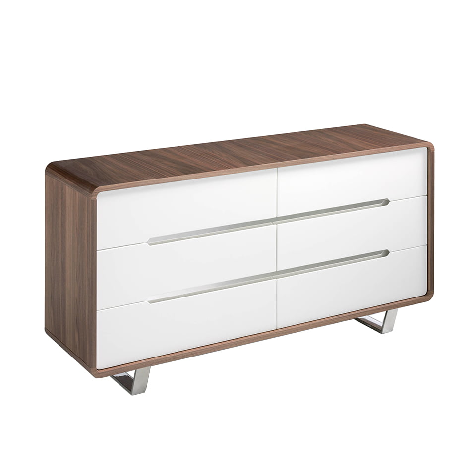 Walnut wood chest of drawers with white drawers and chrome steel