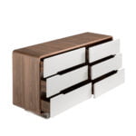 Walnut wood chest of drawers with white drawers and chrome steel