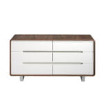 Walnut wood chest of drawers with white drawers and chrome steel