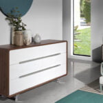 Walnut wood chest of drawers with white drawers and chrome steel