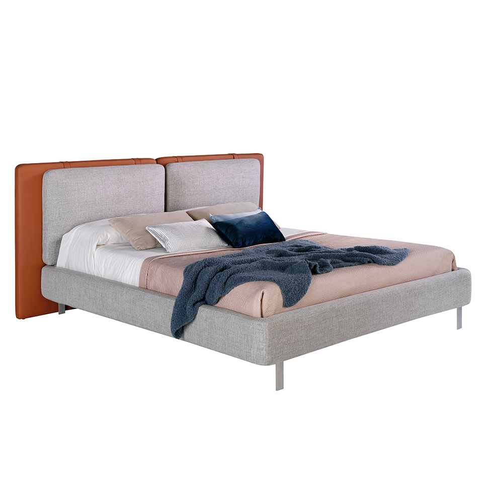 Bed upholstered in fabric and eco-leather with stainless steel legs